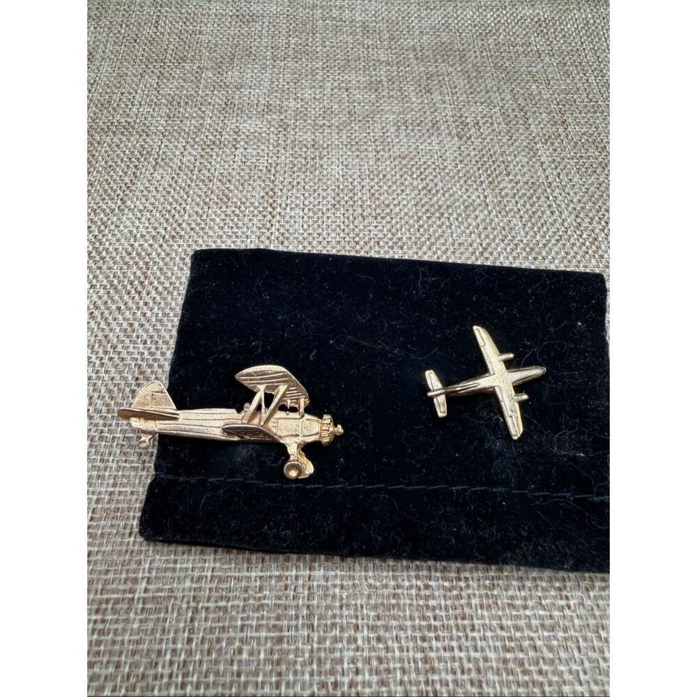 Vintage Airplane Tie Tack Lot Biplane & Jet – Gold-Tone – Pilot Aviator Collecti